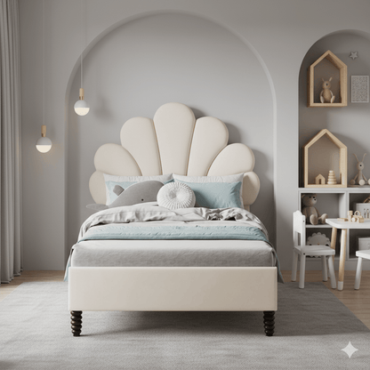 Gestoffeerd Bed – Slaapbed – Bedframe – Houten Bed – 90x200 cm – Fluwelen Bloemvormige Hoofdbord – Comfortabel en Warm – Beige