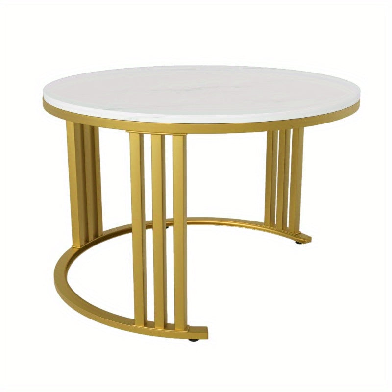 Salontafelset – Salontafel – Bijzettafel – Nesting Tafel – Koffietafel – Ronde Set – Glanzend Marmerlook Blad – 2 Opberglades – Modern Design – 70x70x46 cm & 50x50x40 cm