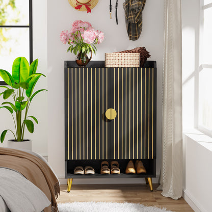 7-laags Schoenenkast – Schoenenrek – Schoenopberger – Schoenentoren – Schoenenkast met Deuren – Verstelbare Planken – Zwart MDF – Ruimtebesparend Vertical Design