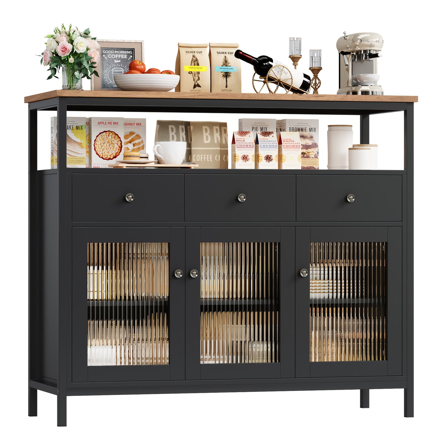 Kealive Modern Living Room Sideboard Cabinet with Glass Doors & Adjustable Shelves - 2-Pack Storage Display Cabinet with Drawers, / for Home Office, Storage Drawer Units