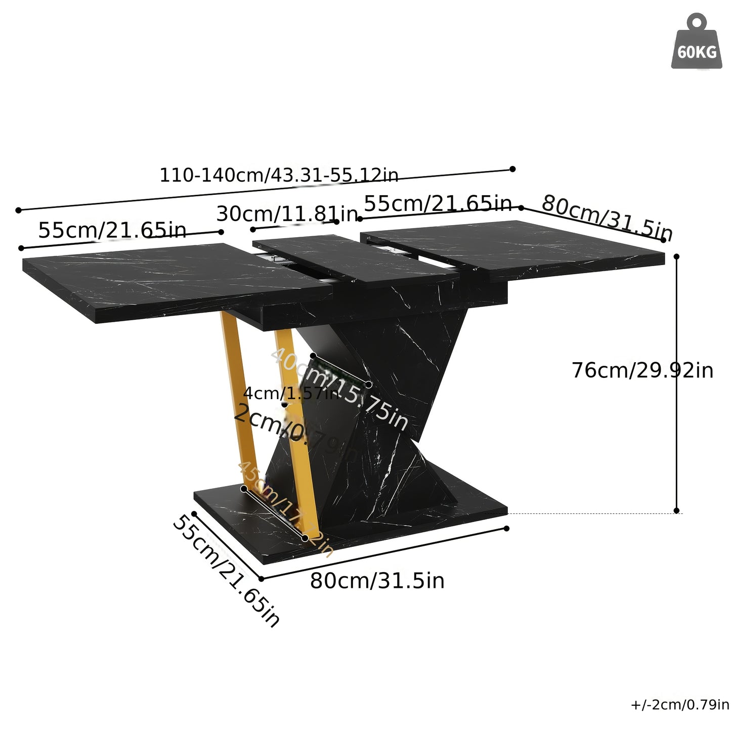 Uitschuifbare Eettafel – Lounge Tafel – Keukentafel – Eetkamertafel – Terrastafel – Marmerlook – Zwarte Centrale Voet – Geschikt Voor 6 Personen Tot 140 cm