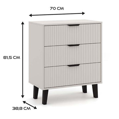 Ladekast – Dresser – Ladekastje – Opbergmeubel – Kabinet – Cashmere Beige Kleur – 3 Ruime Lades – Geribbelde Fronten – Zwarte Poten