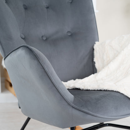 Draaifauteuil – Fauteuil – Relaxstoel – Leunstoel – Schommelstoel – Fluweel Grijs – Hoog Rugleuning – Houten Poten