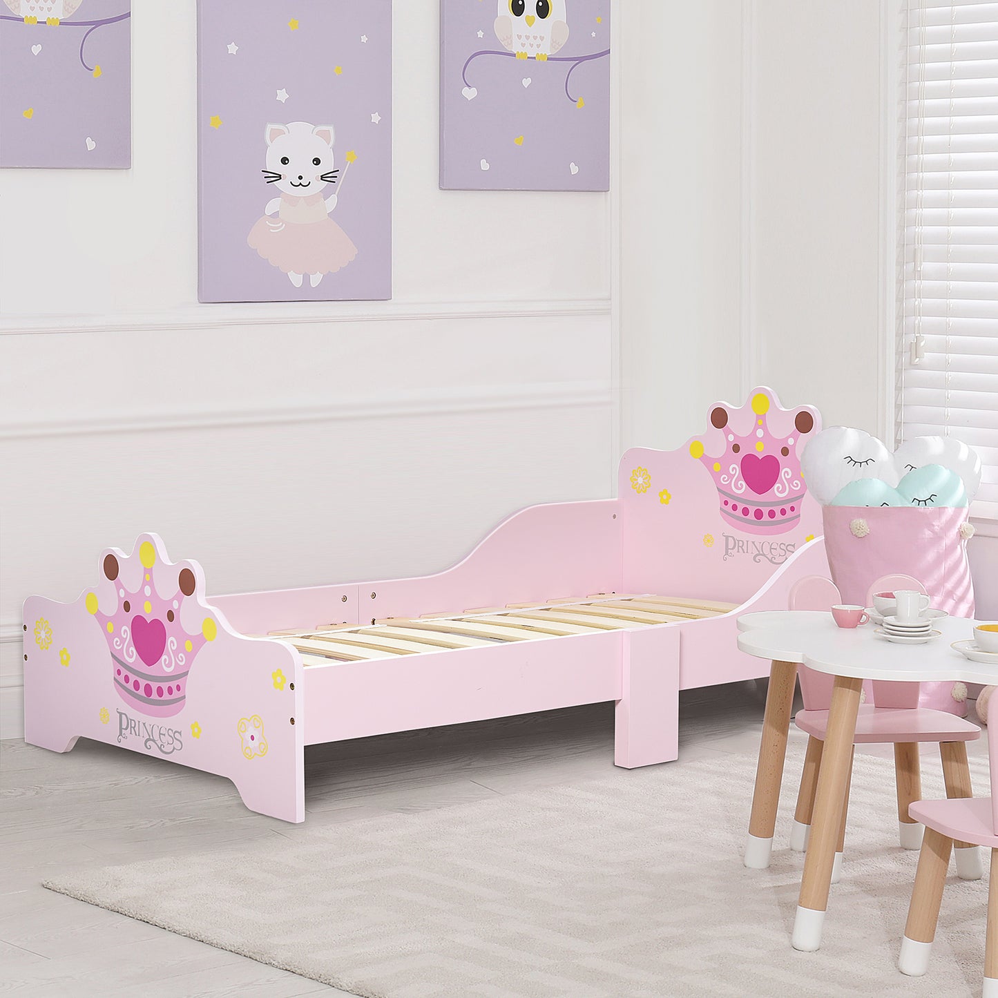 Kinderbed – Kinderbedje – Peuterbed – Juniorbed – Prinsessenbed – MDF Fineer – Inclusief Lattenbodem – Roze Met Kroontjesmotief