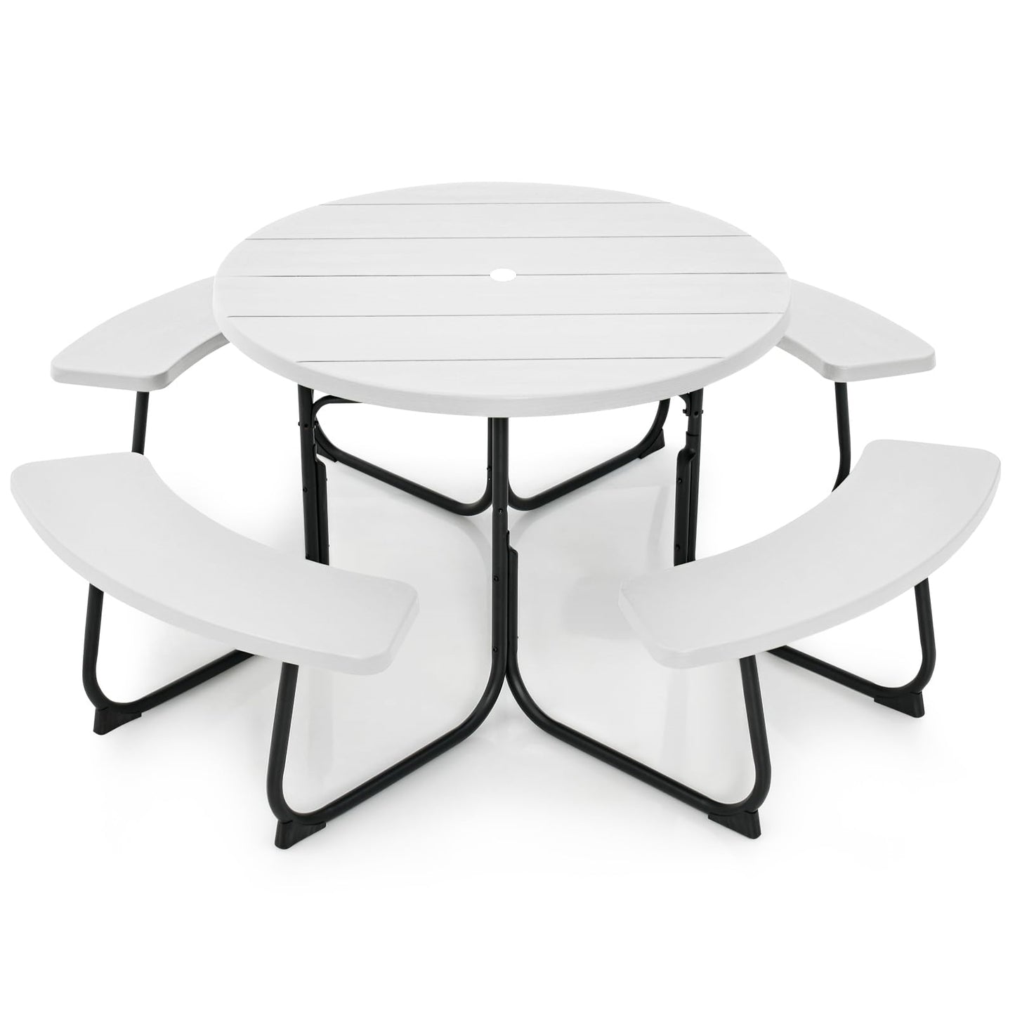 Picknicktafel – Tuinset – Terrasmeubilair – Buitenmeubel – Tuintafel Met Bankjes – Wit – 8-Persoons – Rond Met HDPE Blad En Parasolhouder