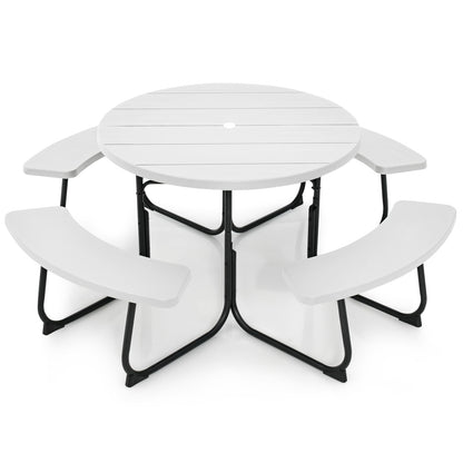 Picknicktafel – Tuinset – Terrasmeubilair – Buitenmeubel – Tuintafel Met Bankjes – Wit – 8-Persoons – Rond Met HDPE Blad En Parasolhouder