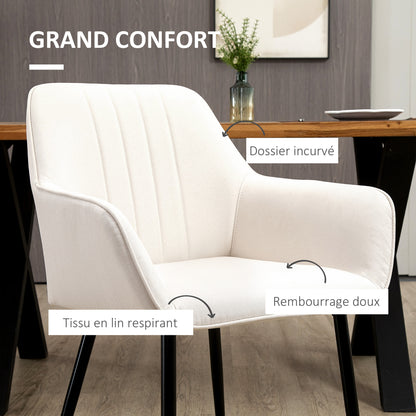 Eetkamerstoel – Stoel – Kuipstoel – Vergaderstoel – Bistrostoel – Set van 2 – Scandinavisch Design – Ergonomische Armleuningen – Beige Linnen Bekleding – Zwarte Metaalpoten