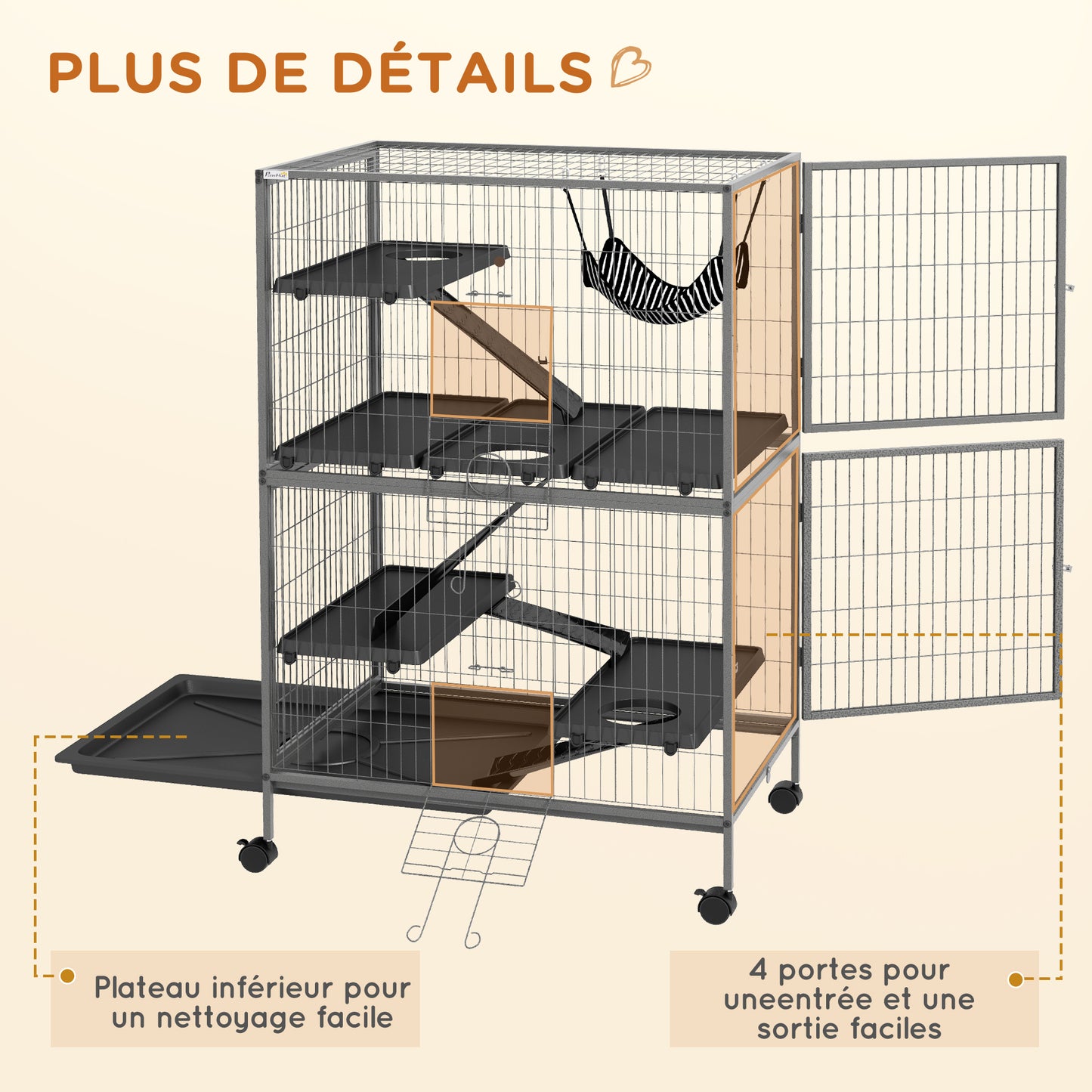 Multifunctional Rodent Cage by Pawhut with 4 Platforms, 3 Ramps, 4 Doors, Size 80L x 52W x 128H cm, Steel, Silver Gray, Black