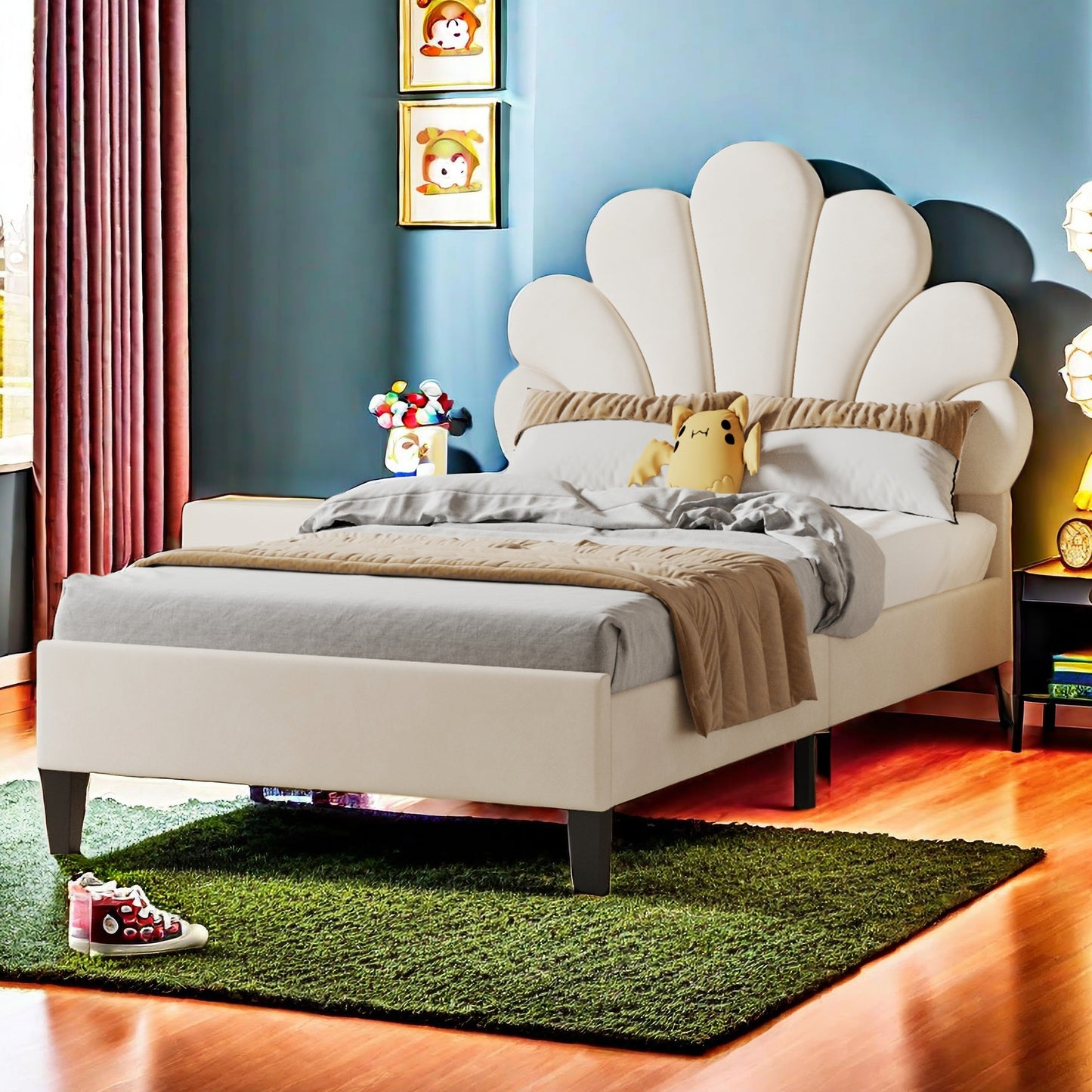 Bedframe – Eenvoudig Bed – Universeel Bedframe – Gestoffeerd Bed – Houten Bedframe – 90x200 cm – Fluwelen Bloemvormig Hoofdbord – Comfortabel En Warm – Beige
