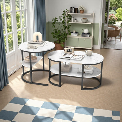 Salontafel Set – Woonkamertafel – Koffietafel – Bijzettafel – Opbergbank – Ronde en Ovale Tafels – Houten Blad met Metaal Frame – Dubbele Opbergruimte