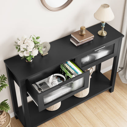 Haltafel – Sidetable – Console – Wandtafel – Opbergtafel – Zwart – Massief Hout & MDF – Ruime Opbergruimte Met Glazen Laden