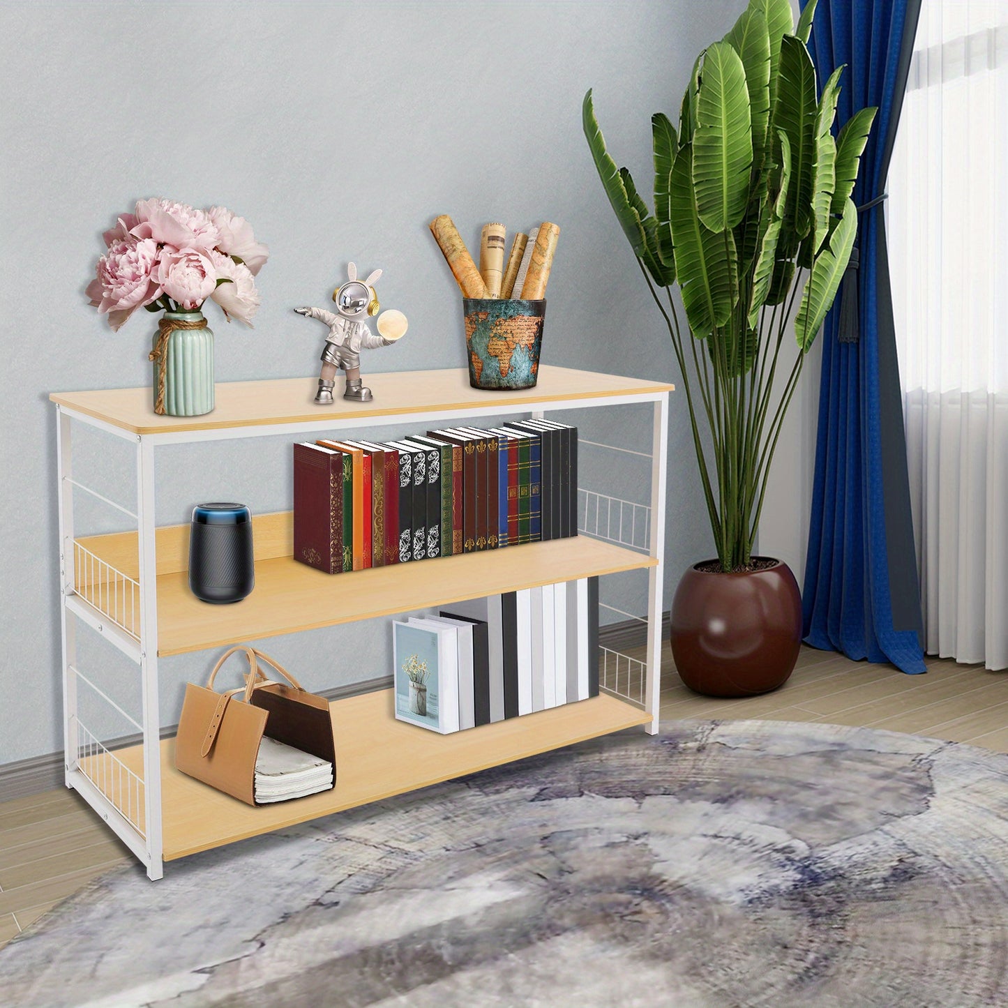 Modern Floor-Standing Bookshelf Double-Tier Storage Unit Multi-Functional Storage Cabinet Suitable for Dorms, Apartments, Classrooms, Offices, and More 35cm Shelf Spacing, Utility Racks