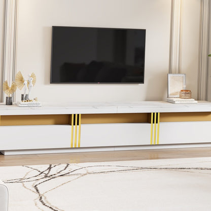 Modern TV-meubel – TV-meubel – Tv-kast – TV-standaard – Mediameubel – Marmerlook Design – Kabelmanagement – Geschikt voor 90 inch TV – 3 Ruime Lades – Duurzaam Niet-Houten Materiaal – Wit