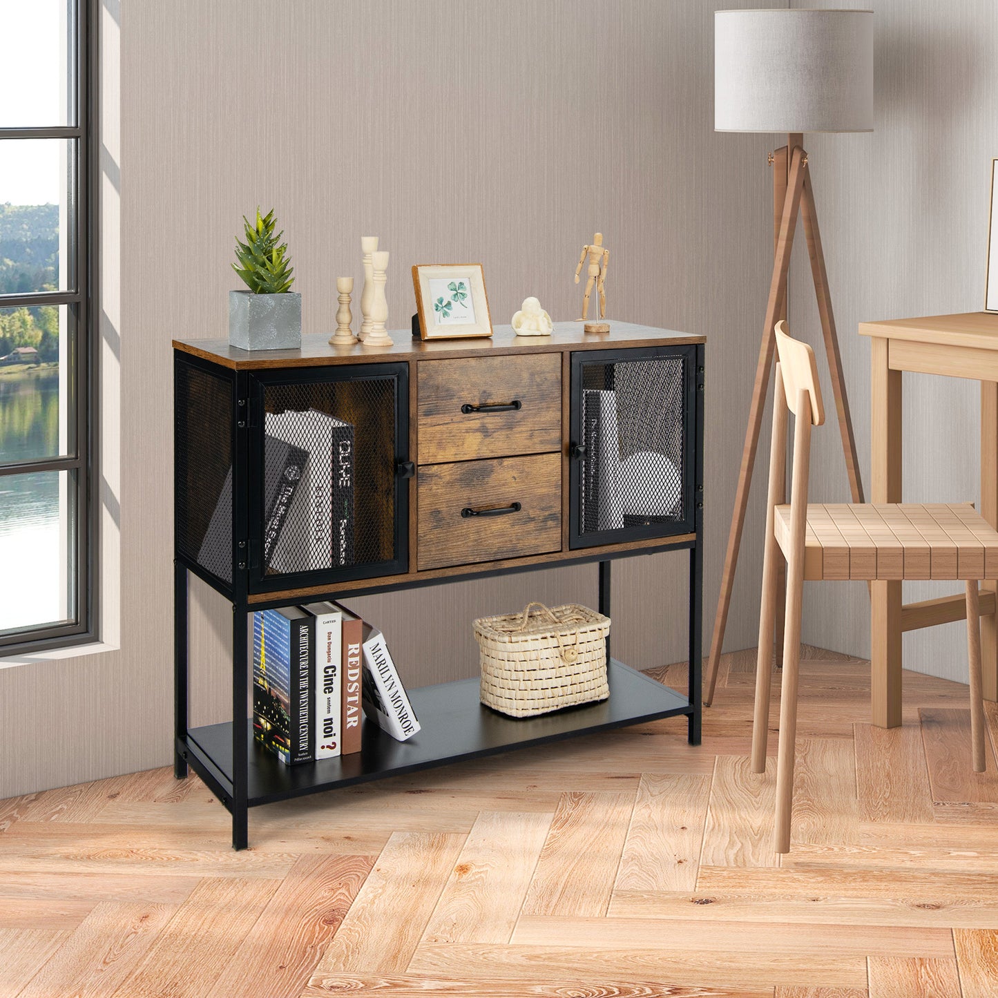 Dressoir – Ladekast – Opbergkast – TV-Meubel – Woonkamerkast – Industrieel Design – Hout En Zwart Staal – 100x35x85 cm