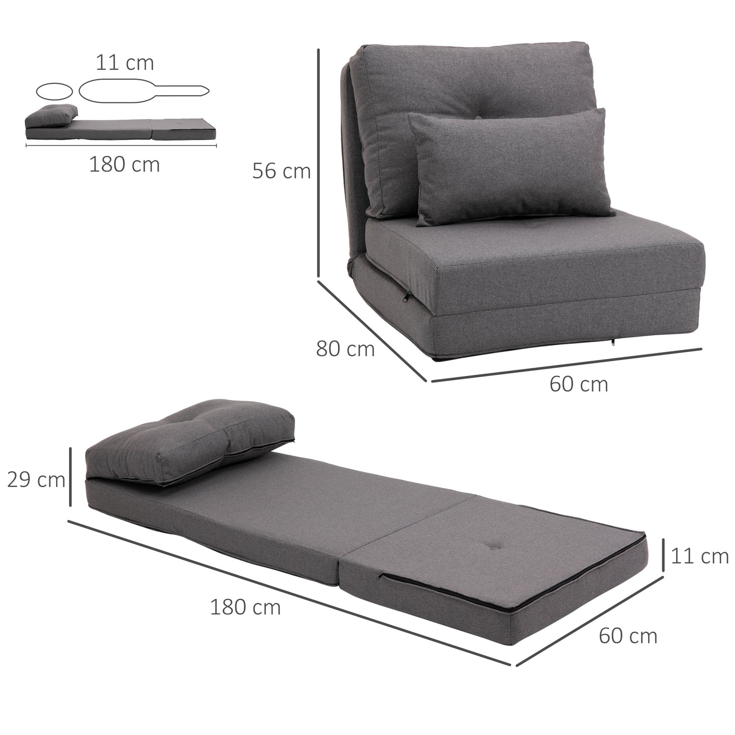 Vloersofa – Vloerstoel – Slaapbank – Relaxstoel – Loungefauteuil – 2-in-1 Opvouwbaar Bed – Verstelbare Rugleuning – Linnen Bekleding – Donkergrijs