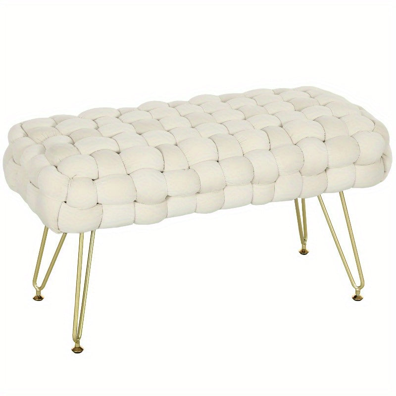 Velvet Padded Kruk – Poef – Voetenkruk – Hocker – Bankje – Met Metaal Poten – Hoogwaardige Voering – Crème Wit – 76x38x42 cm – Duurzaam & Elegant