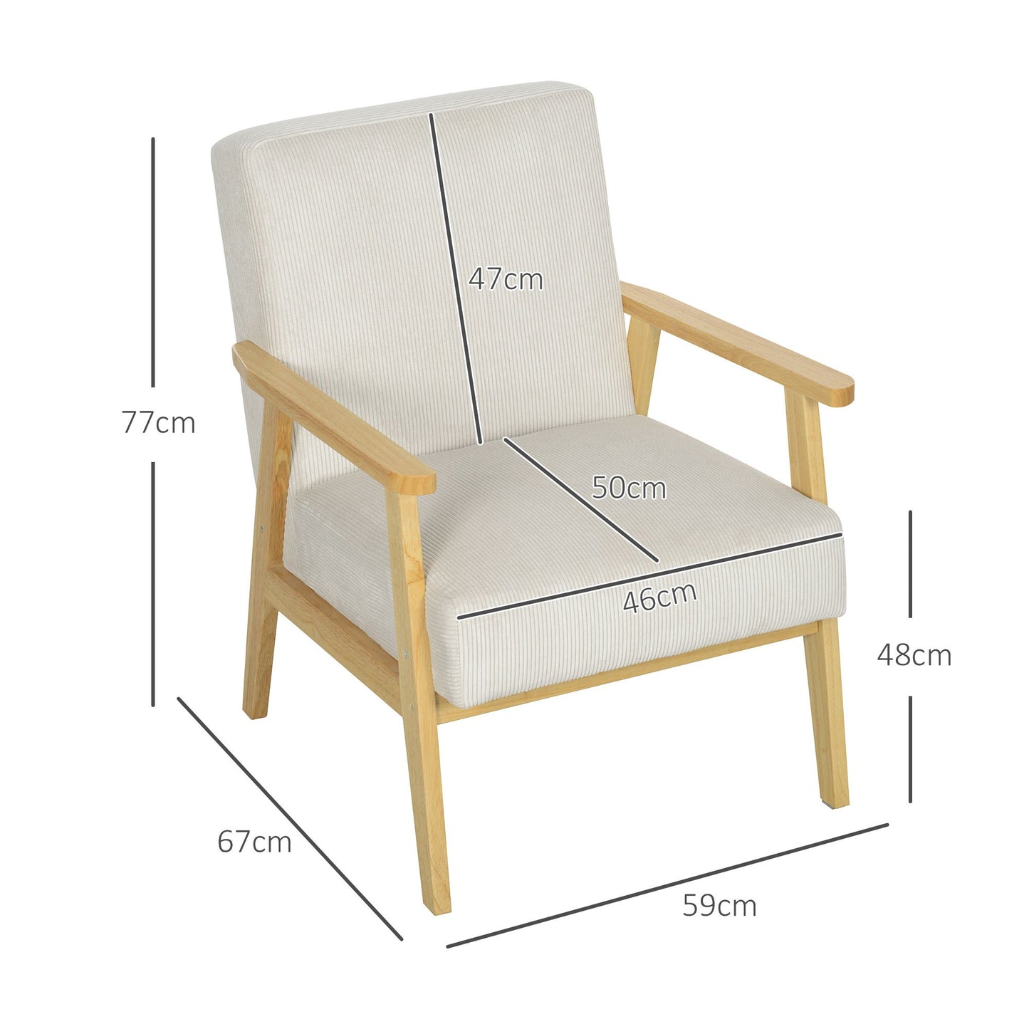 Fauteuil – Lounge Stoel – Relaxfauteuil – Accentstoel – Armstoel – Comfortabele Corduroy Bekleding – Stevig Rubberhouten Frame – Crème Wit