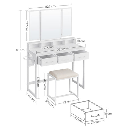 Kaptafel – Make-up Tafel – Cosmeticatafel – Opmaktafel – Opbergtafel – Wit – Drieluikspiegel – 3 Lades – Föhnhouder – Stijlvol Met Metalen Frame