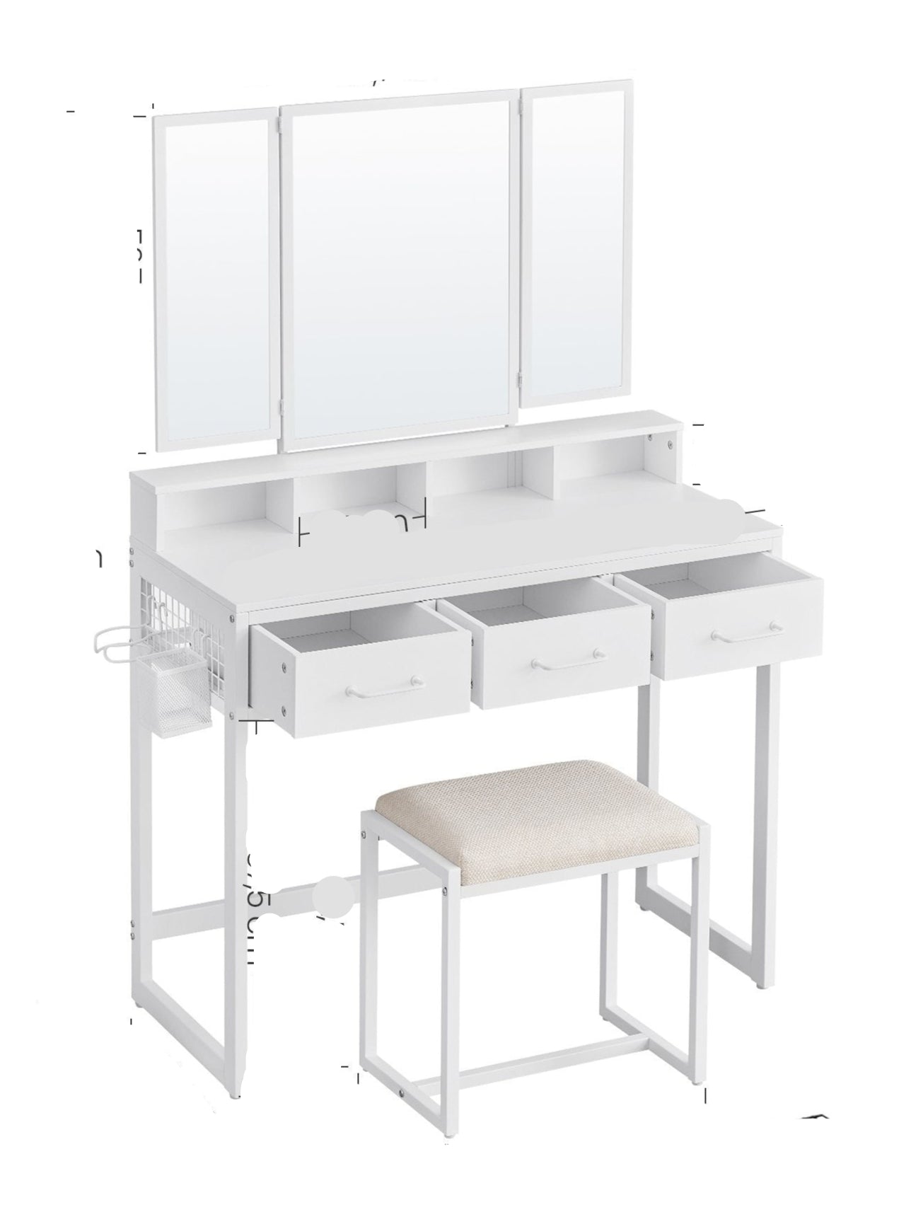 Kaptafel – Make-up Tafel – Cosmeticatafel – Opmaktafel – Opbergtafel – Wit – Drieluikspiegel – 3 Lades – Föhnhouder – Stijlvol Met Metalen Frame