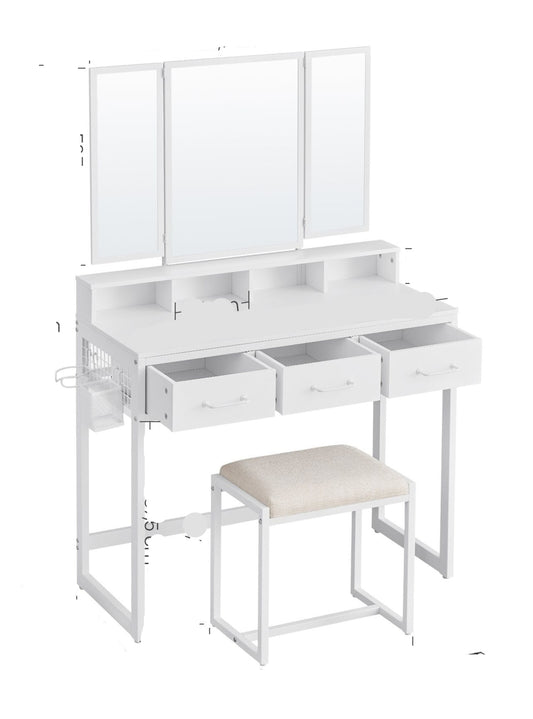 Kaptafel – Make-up Tafel – Cosmeticatafel – Opmaktafel – Opbergtafel – Wit – Drieluikspiegel – 3 Lades – Föhnhouder – Stijlvol Met Metalen Frame