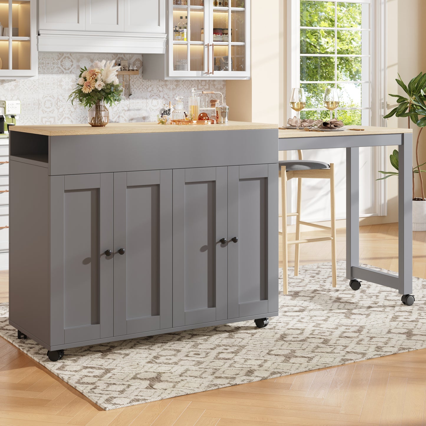 Uitschuifbare Bartafel – Bar Tafel – Eettafel – Keukentafel – Sta Tafel – Met 6 Opbergvakken – Houten Look Tafelblad – 118-180x50x94 cm – Grijs