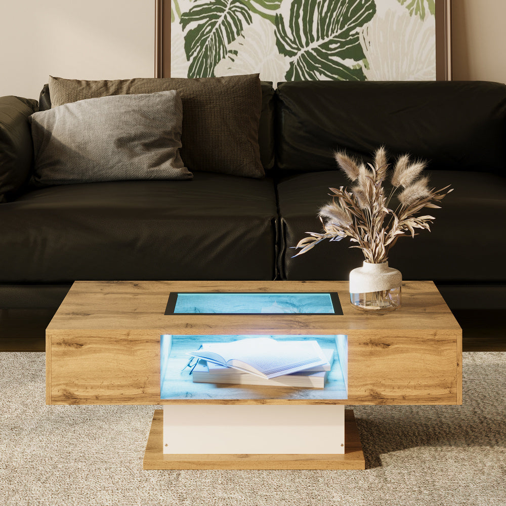 Salontafel – Koffietafel – Bijzettafel – Tafel – Woonkamertafel – Houtkleur – Glasblad – 2 Lade – Modern Design – Direct Gebruiksklaar