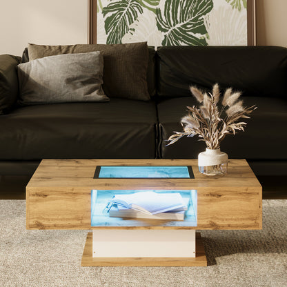 Salontafel – Koffietafel – Bijzettafel – Tafel – Woonkamertafel – Houtkleur – Glasblad – 2 Lade – Modern Design – Direct Gebruiksklaar