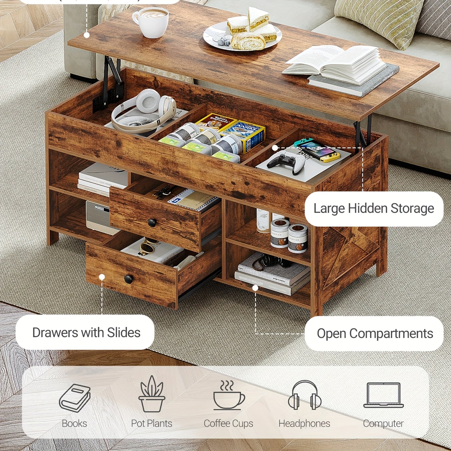 Verstelbare Salontafel – Koffietafel – Woonkamertafel – Zeteltafel – Bijzettafel – 2 Laden & Verborgen Opbergruimte – 50x100x47,3-61,3 cm – Hoogwaardige Houtmaterialen & Modern Design