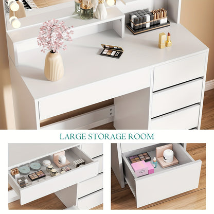 Kaptafel met Spiegel en Kruk – Wit – Make-up Tafel met Laden, Open Planken en 12 LED-Lampen, Instelbare Helderheid – Modern voor Slaapkamer