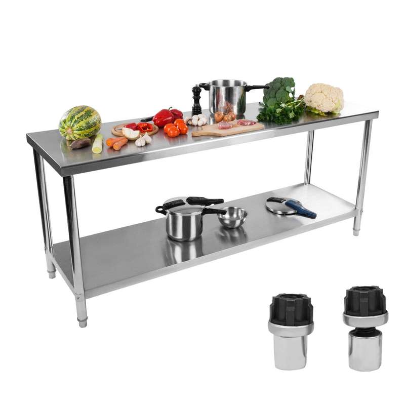 Professionele RVS Werktafel – RVS Werkbank – Keukentafel – Cateringtafel – Roestvrijstalen Werktafel – 200x60 cm – Verstelbare Pootjes – Onderblad Opbergruimte