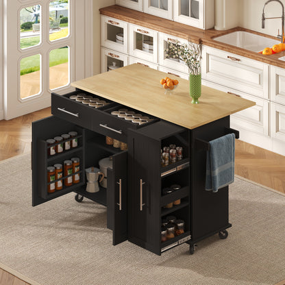 Keukenwagen – Keukentrolley – Keukenkar – Serveerwagen – Mobiele Keukenhulp – Zwart – Uitklapbaar Werkblad 120×65 cm – 3-Laags Uittrekbare Organizer Met 2 Lades