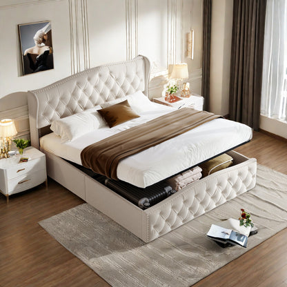 Gestoffeerd Bedframe – Platformbed – Opbergbed – Verhoogd Bed – Fluwelen Bed – 140 x 200 cm Queen Size – Lift-up Opbergruimte – Stevig Metalen Frame