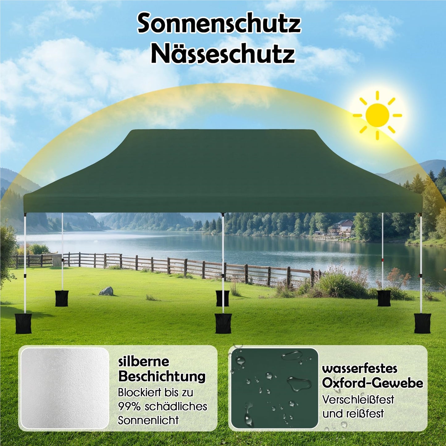 Paviljoen – Vouwtent – Partytent – Tuinkamer – Tent – Waterbestendig – Hoogte verstelbaar – 3x6m – Groen – UV Bescherming SPF50+ – Sterk Metalen Frame