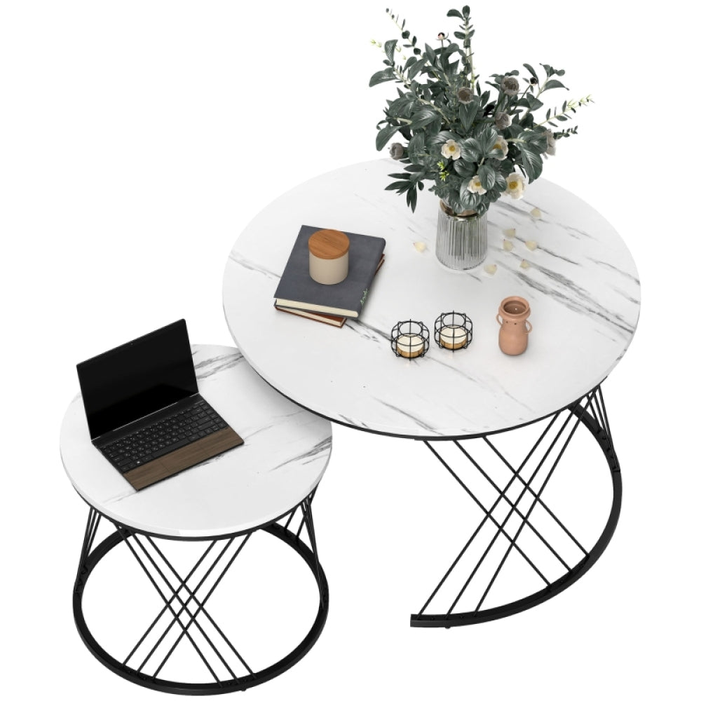 Koffietafel Set – Bijzettafel – Salontafel – Nestbare Tafels – Witte Zwarte Marmerlook – Ruimtebesparend Design – Stevig Metaal & Lichtgewicht Spaanplaat