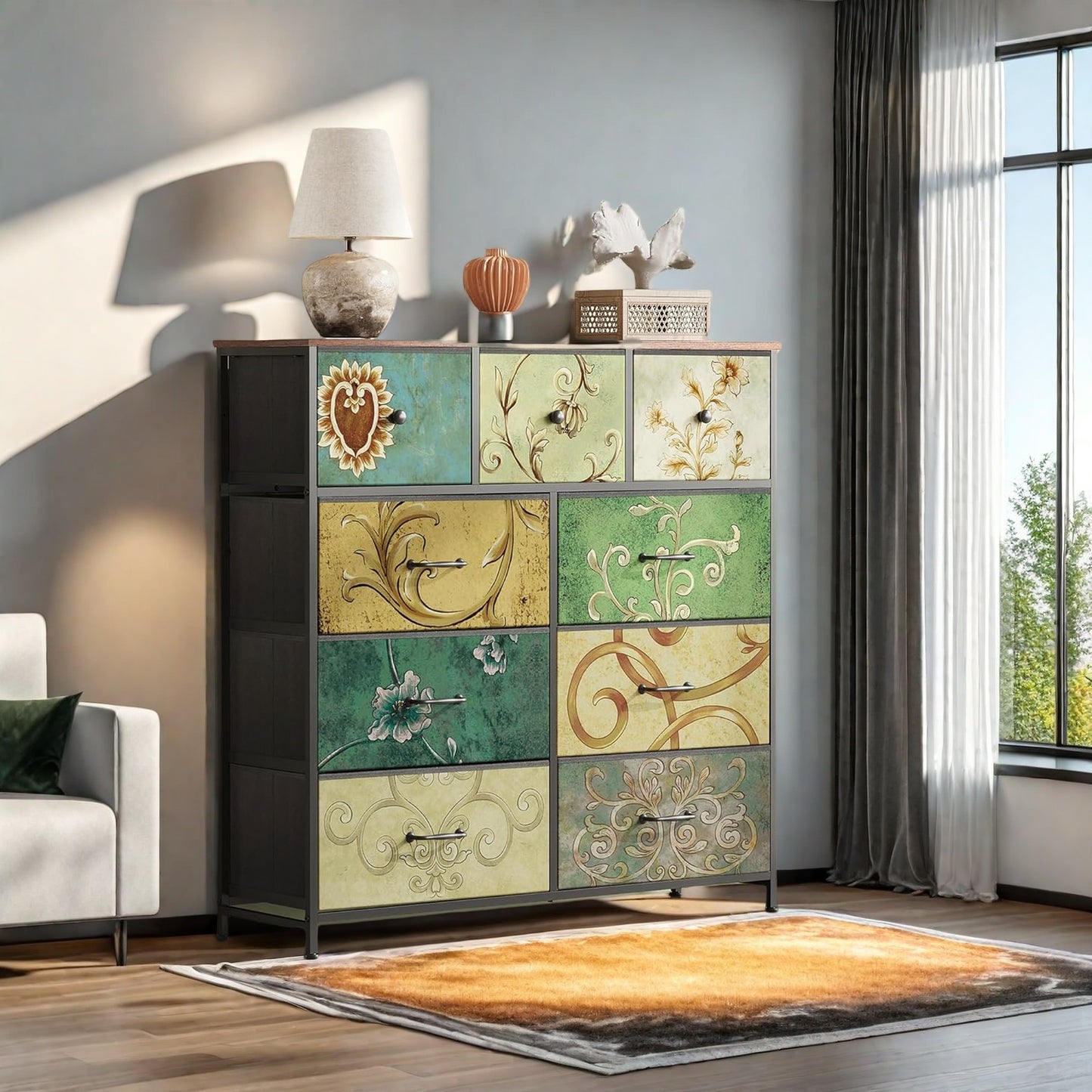 Dressoir – Ladekast – Opbergkast – Kast – Sideboard – Met Metalen Frame – 7 Stoffen Lades – Massief Houten Bovenblad