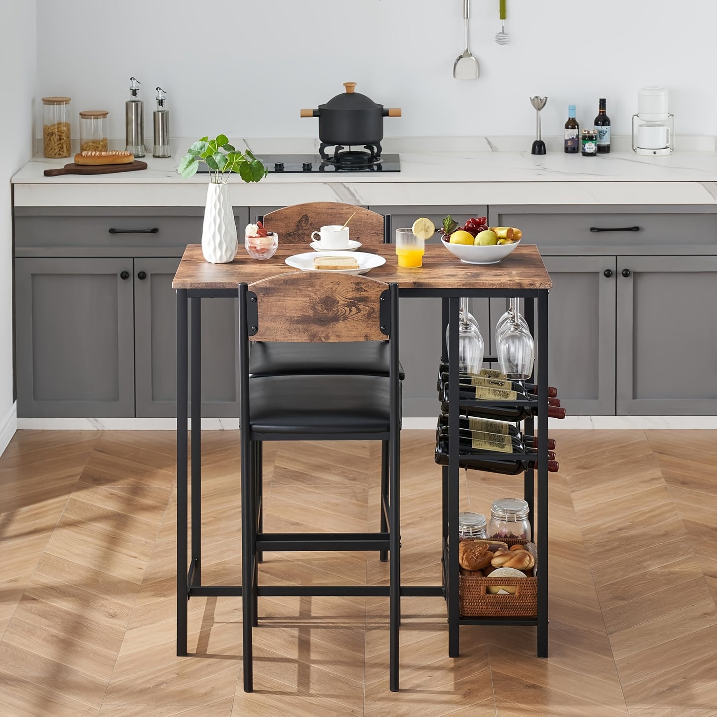 Bar Tafelset – Barset – Barkrukken Set – Bistro Set – Keuken Tafelset – Compact Design – Gestoffeerde Stoelen met Voetensteun – Stevig MDF en Metalen Frame – Eenvoudig Zelf Te Monteren – Vintage Bruin