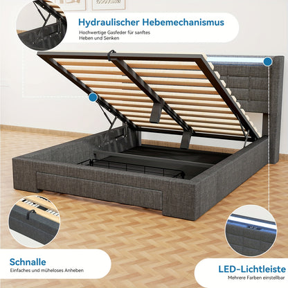 Modern Gestoffeerd Bed – Bedframe – Slaapbed – Opbergbed – Queensize Bed – Hydraulische Lift – LED-Verlichting – 140x200 cm – Grijs Linnen – MDF Frame