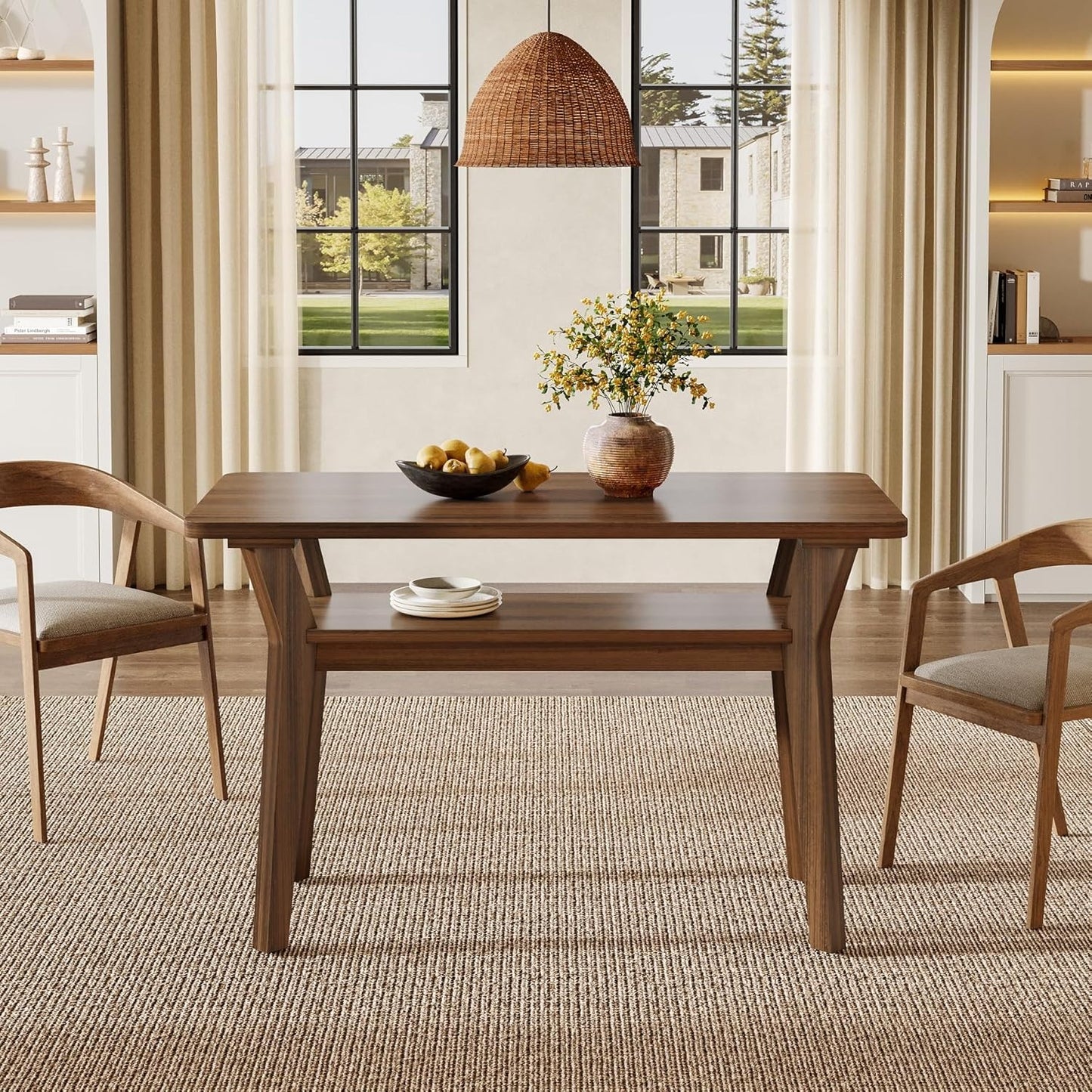 47-inch-modern-farmhouse-dining-table-for-4-with-2-tier-storage---solid-wood-legs--engineered-wood-top-walnut-large-rectangle-kitchen-table-for-dining-room--living-room-easy-assembly-required-space-saving-design-with-lower-shelf-contemporary-s