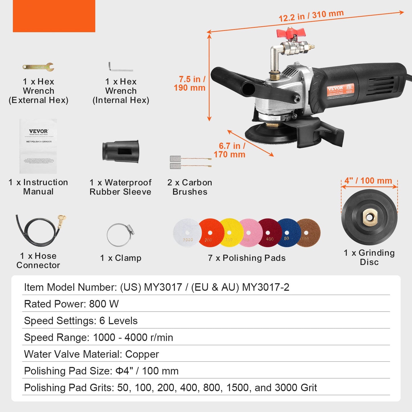 Steenpolijstmachine – Natpolijstmachine – Poliermachine – Granietpolijstmachine – Betonpolijstmachine – 4 Inch Diameter – 6 Instelbare Snelheden & 7 Polijstpads