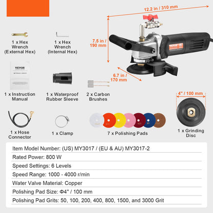 Steenpolijstmachine – Natpolijstmachine – Poliermachine – Granietpolijstmachine – Betonpolijstmachine – 4 Inch Diameter – 6 Instelbare Snelheden & 7 Polijstpads