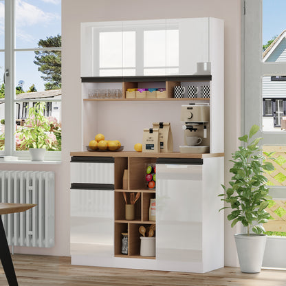 Buffetkast – Hoge Kast – Opbergkast – Dressoir – Keukenkast – Hoogglans Wit – Zwarte Metalen Handgrepen – 185 cm Hoog – Verstelbare Planken & Anti-Kantelbeveiliging