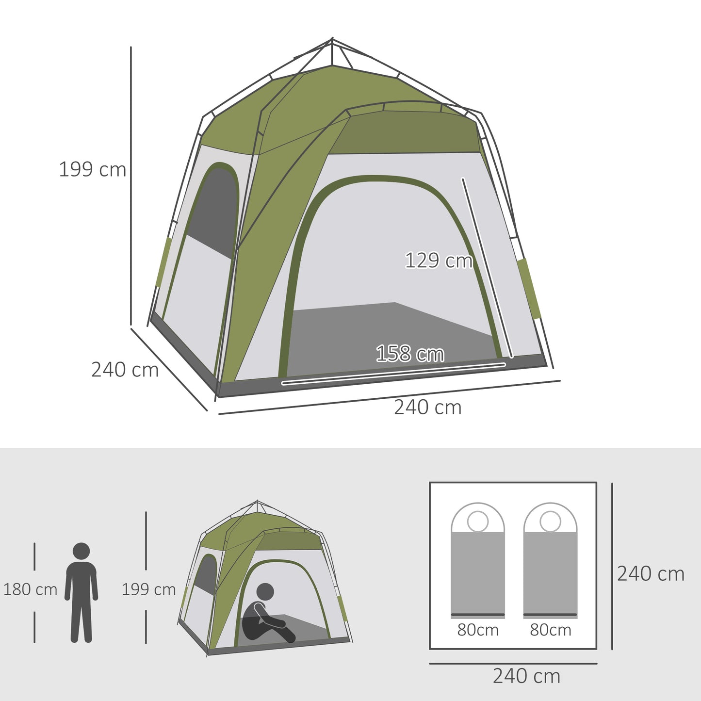 Pop-Up Tent – Kampeertent – Automatische Tent – Snel Opzetten Tent – Outdoor Tent – Waterbestendig – Hydraulisch Mechanisme – 240x240x199 cm – Groen-Grijs