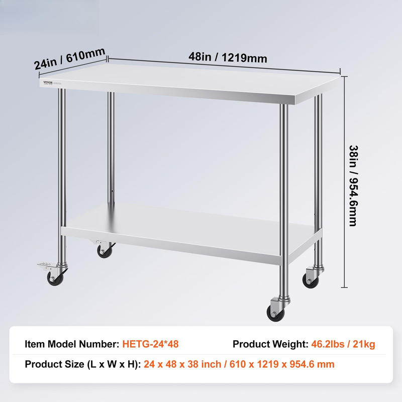 In hoogte verstelbare werkbank – Werktafel – Keukentafel – Werkbank op wielen – RVS werkblad – 3 Hoogteniveaus – Duurzaam roestvrij staal – 1219 x 610 x 955 mm