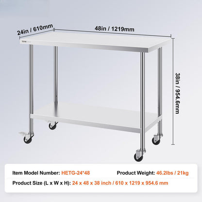 In hoogte verstelbare werkbank – Werktafel – Keukentafel – Werkbank op wielen – RVS werkblad – 3 Hoogteniveaus – Duurzaam roestvrij staal – 1219 x 610 x 955 mm