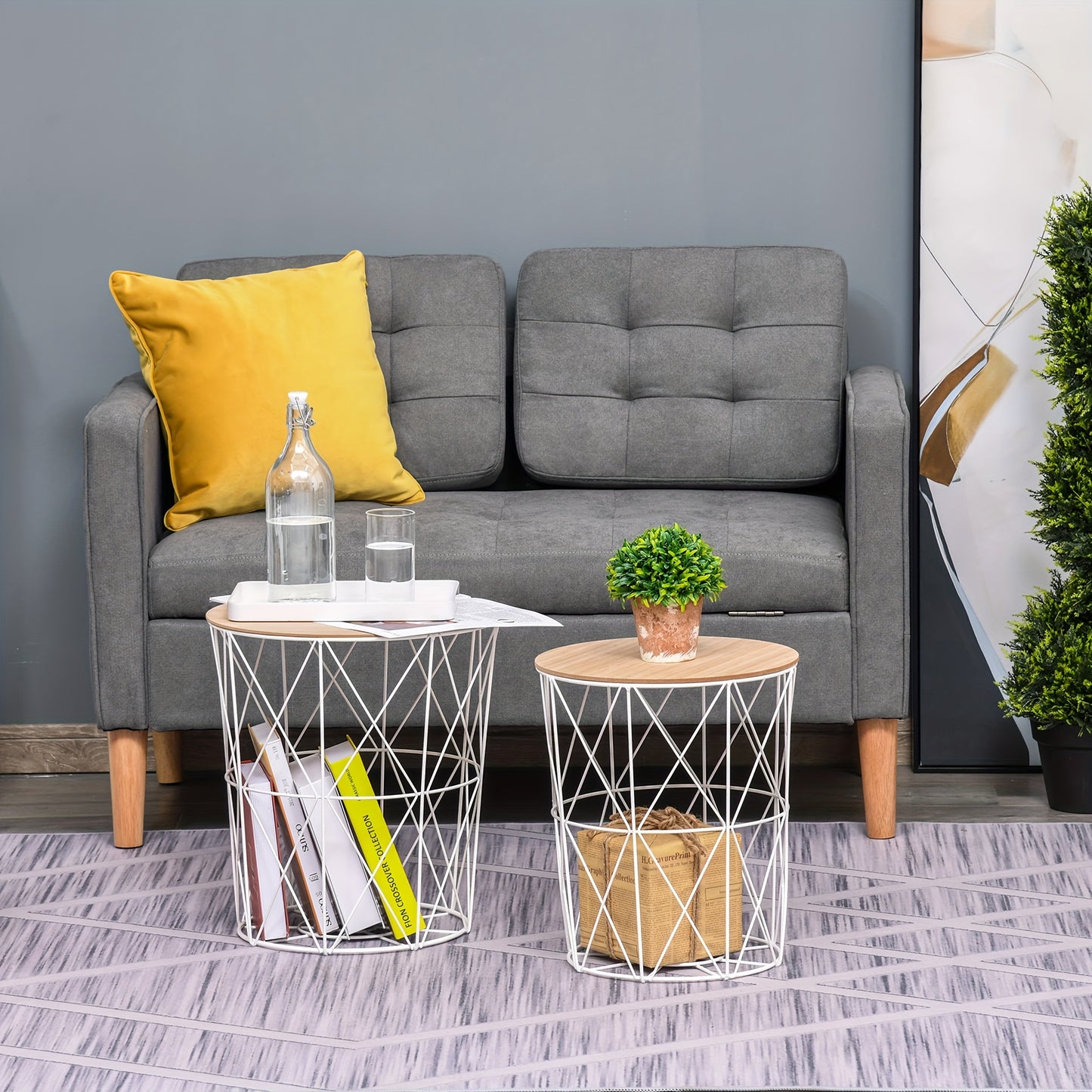 Bijzettafel – Bijzettafels – Sidetable – Nachtkastje – Salontafel – Set van 2 – Natuurlijk Wit – Metaal & MDF – Afmeting 40x45 cm