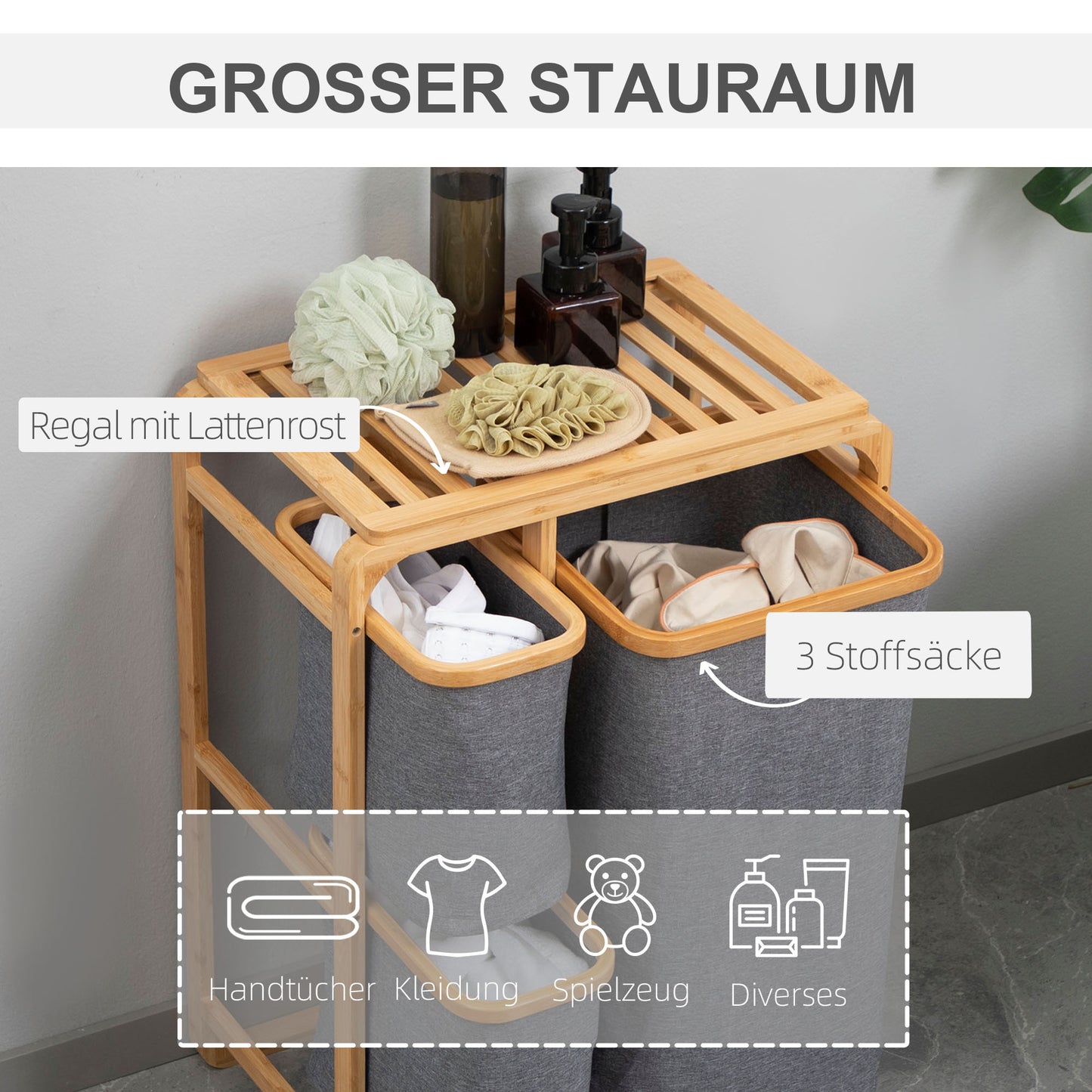 Bamboe Wasmand – Wasbak – Wasbox – Wascontainer – Wasopvang – Natuurlijke Grijze Kleur – 3 Uitneembare Mandjes – Compact & Ventilerend Ontwerp