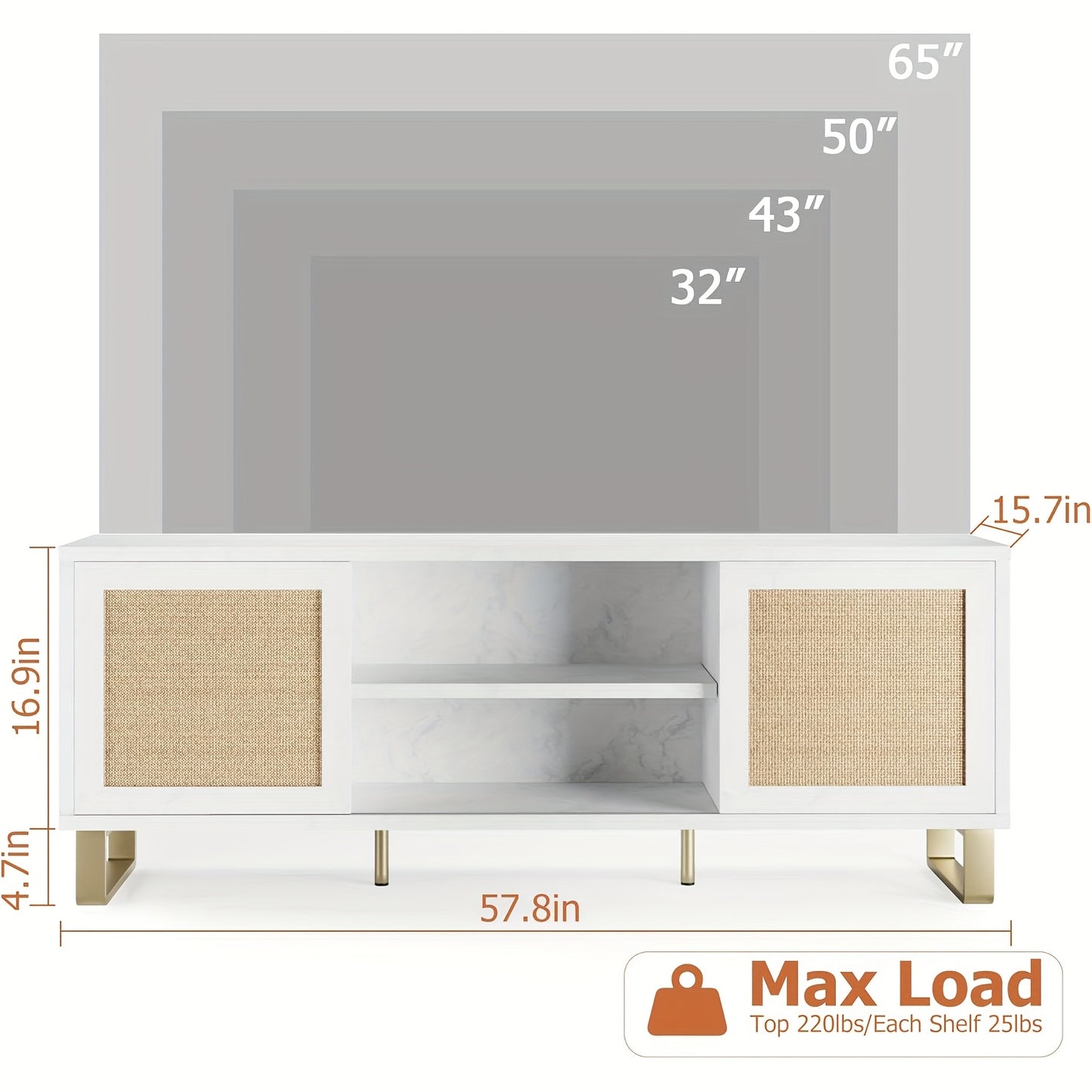 TV-meubel – Tv Kast – Mediameubel – Tv Meubel – Tv Dressoir – Wit Rattan Accent – Geschikt Voor 65 Inch TV – Verstelbare Planken – Duurzame MDF Constructie