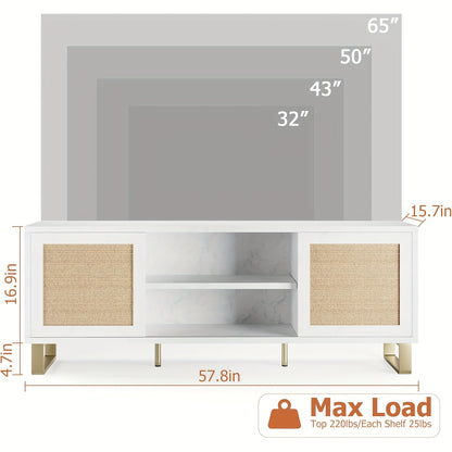 TV-meubel – Tv Kast – Mediameubel – Tv Meubel – Tv Dressoir – Wit Rattan Accent – Geschikt Voor 65 Inch TV – Verstelbare Planken – Duurzame MDF Constructie