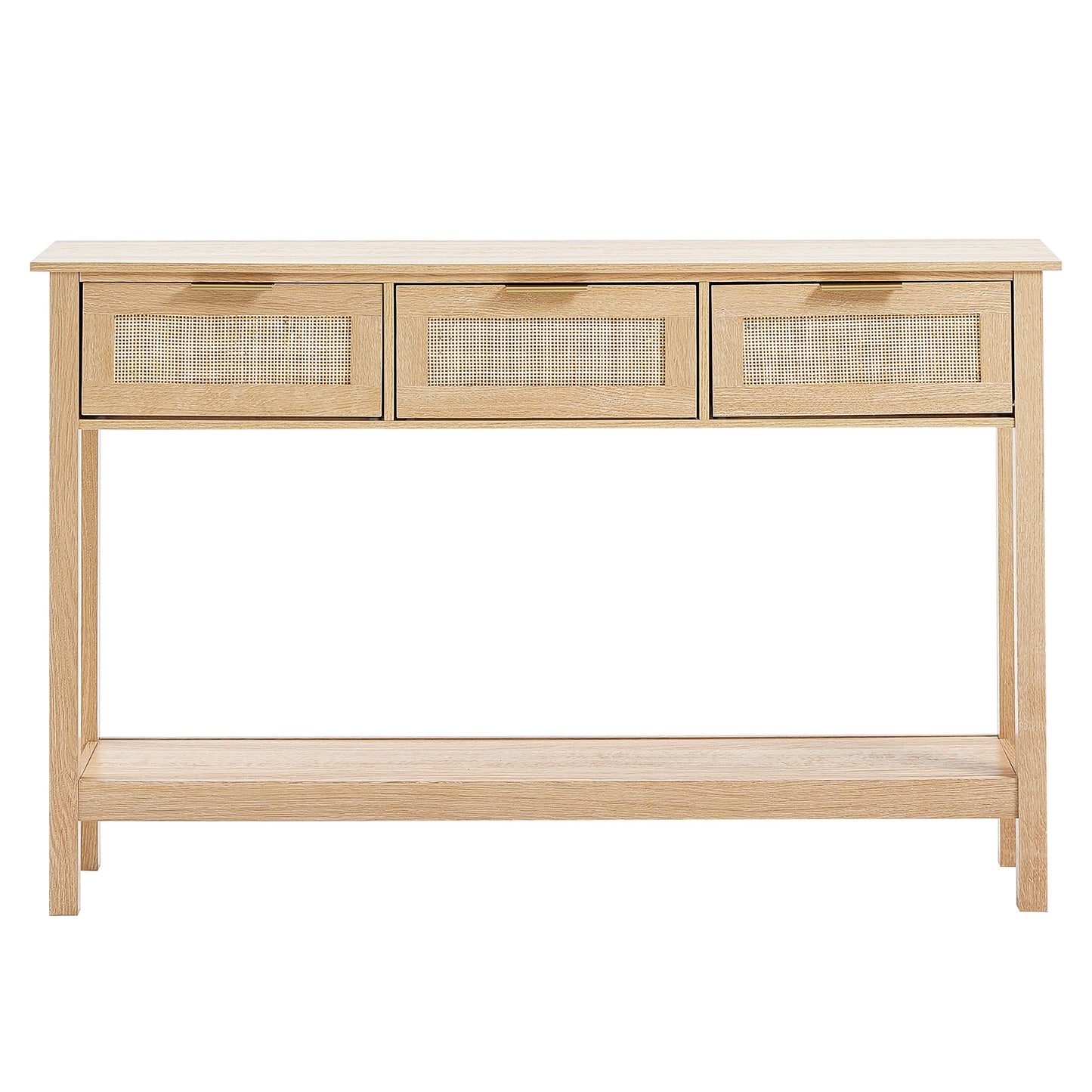Rattan Sidetable – Wandtafel – Opbergtafel – Haltafel – Bijzettafel – Natuurlijk Rattan & Houten Blad – 3 Lades & Open Plank