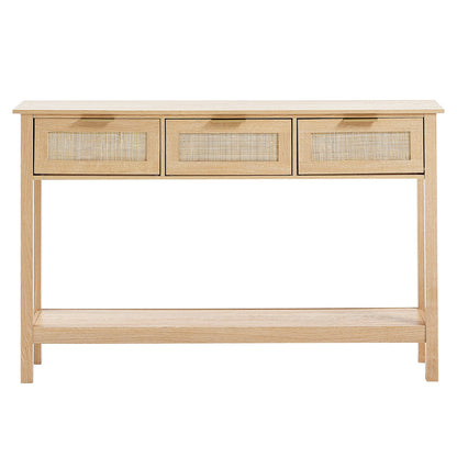 Rattan Sidetable – Wandtafel – Opbergtafel – Haltafel – Bijzettafel – Natuurlijk Rattan & Houten Blad – 3 Lades & Open Plank